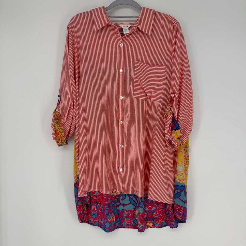 Intro Button Down Shirt Womens 2X Red White Striped Mixed Print Boho Coastal